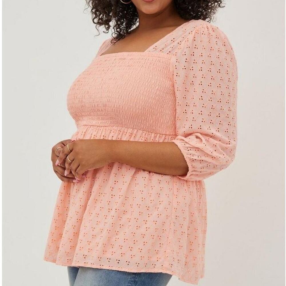 Torrid Womens Smocked Eyelet Babydoll Top Sz 0X Stretch Cottagecore Boho Peasant